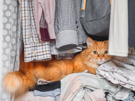 Cute ginger cat sleeps on pile of clothes. Fluffy pet has a nap in wardrobe. Domestic animal comfortably settled to sleep among towels and outfits.の写真素材