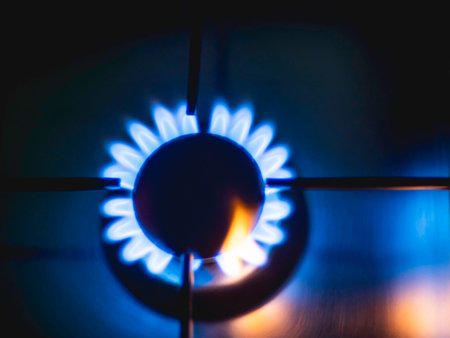 Blue flames of a gas in gas cooker. Top view on fire on stove in dark.