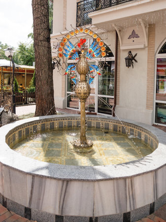 SVETLOGORSK, RUSSIA - July 21, 2019. Famous landmark - fountain Bird of Gauja on Central square. Metal statue with stained glass feathers.のeditorial素材