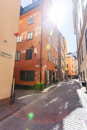 STOCKHOLM, SWEDEN - July 06, 2017. Narrow streets in historic part of town. Old fashioned buildings in Gamla stan.のeditorial素材
