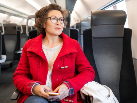 Smiling woman in red duffle coat with on smartphone sits near window in suburban train. Travel by...