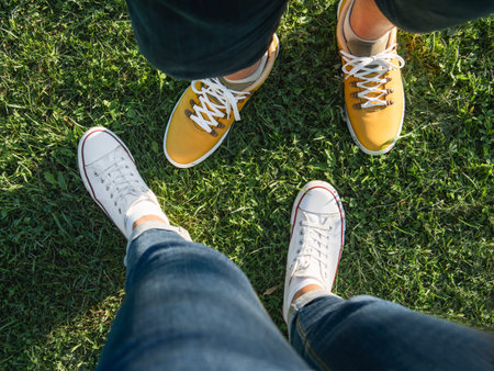 Man and woman stand on green grass lawn in the park. Couple on date. Upper view on modern hipster's...
