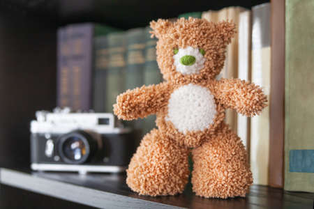 Hand made teddy bear on bookshelf. Crocheted brown toy for children. Cute souvenir, handicraft product.の写真素材