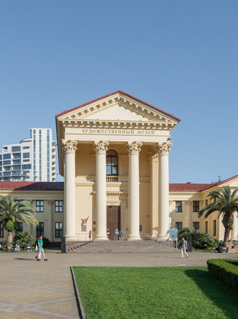 SOCHI, RUSSIA - May 27, 2021. People walk pass main entrance of Sochi Art Museum of Dmitry...