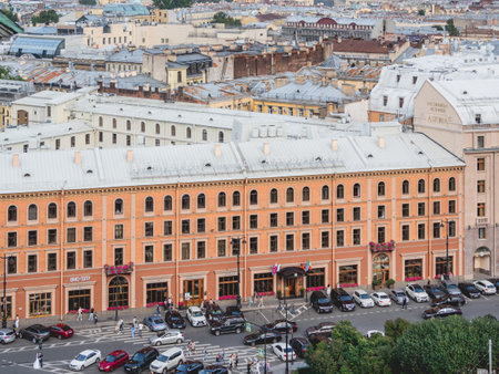 SAINT-PETERSBURG, RUSSIA - August 14, 2021. People walking past famous hotels Angleterre and Astoria, view Saint Isaac's Cathedral or Isaakievskiy Sobor.のeditorial素材