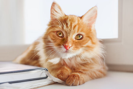 Cute ginger cat is playing with bookmark. Portrait of curious fluffy pet on sunlight. Cozy morning at home.の写真素材