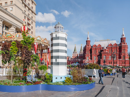 MOSCOW, RUSSIA - May 29, 2022. Decorative lighthouse of Alevina cape on festival Fish Week.のeditorial素材