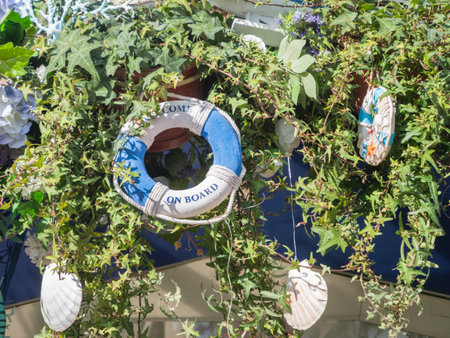 MOSCOW, RUSSIA - May 29, 2022. Exterior decoration of street shops at Fish Week festival. Marine themed food fair with shops and attractions.のeditorial素材