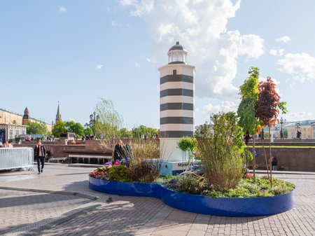 MOSCOW, RUSSIA - May 29, 2022. Decorative lighthouse of Alevina cape on festival Fish Week.のeditorial素材
