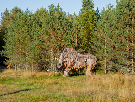 KARGOPOL, RUSSIA - September 10, 2018. Wooden statue of rhinoceros in park named Path of anthills.のeditorial素材