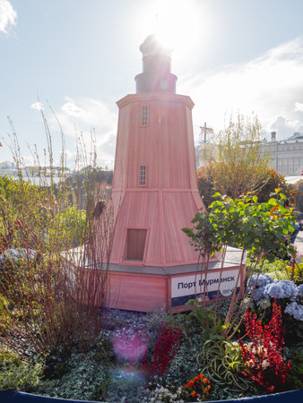 MOSCOW, RUSSIA - May 29, 2022. Decorative lighthouse of Murmansk on open air festival Fish Week. Food fair in historic center.のeditorial素材
