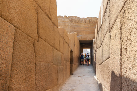 CAIRO, EGYPT - September 11, 2008. Tourists walk in corridor near the Great Pyramid of Giza and Sphinx. Architectural landmark in Africa.のeditorial素材