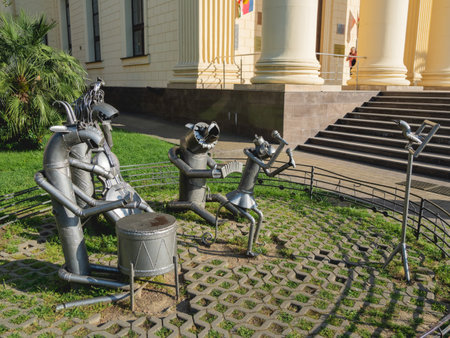 SOCHI, RUSSIA - May 27, 2021. Metal statues of animal musicians by Hakob Khalafyan near Art Museum.のeditorial素材
