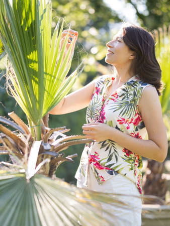 Caucasian woman is admiring of green foliage of palm trees in public park. summer vibes. Tropical plants in garden.の写真素材