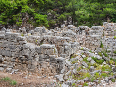 Ruins of Phaselis, Greek and Roman city on the coast of ancient Lycia. Architectural landmark in Kemer district of Antalya Province in Turkey.の写真素材