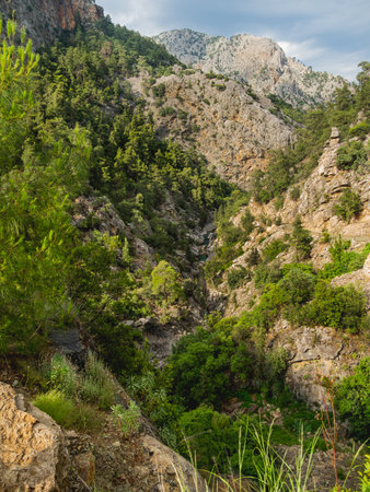 Touristic trail along the river in Goynuk Canyon. Aerial view on mountain slopes in Beydaglari Coastal National Park. Turkey.の写真素材