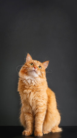 Cute ginger cat with curious face. Fluffy pet sits on black background. Fuzzy mammal with thick whiskers. Vertical banner with copy space.の写真素材