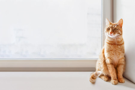 Curious ginger cat sits on window sill. Fluffy pet at home. Domestic animal on horizontal banner with copy space.の写真素材