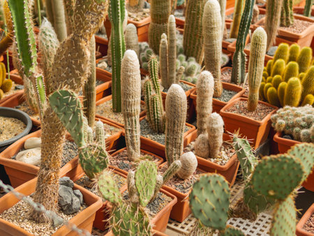 Collection of different cacti. Cactus, thorned plant. Botanical hobby or cultivation for hybridization.の写真素材