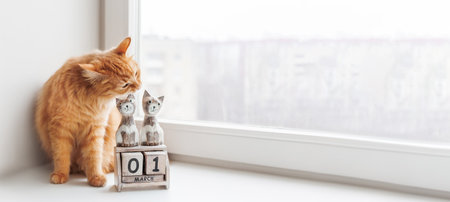 Cute ginger cat is biting wooden calendar with cats and date 1 March. International Day of Cats. Horizontal banner with copy space.の写真素材