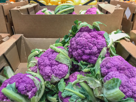 Few heads of purple hybrids of cauliflower in cardboard box. Sale of vegetables in grocery store.の写真素材