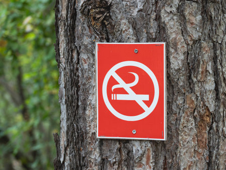 Red NO SMOKING sign on tree outdoors. Rules of conduct and safety in public parks.の写真素材