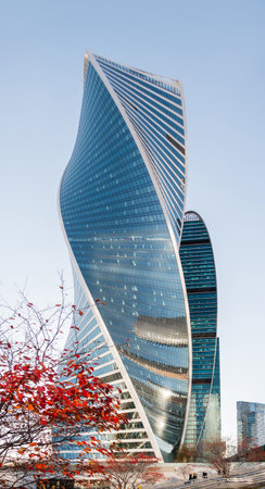 MOSCOW, RUSSIA - October 16, 2022. Evolution tower of Moscow International Business Center MIBC on clear blue sky background. Fall season downtown.のeditorial素材