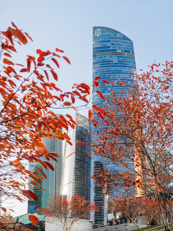 MOSCOW, RUSSIA - October 16, 2022. View on tall tower Federation of Moscow International Business Center. Financial district at fall season.のeditorial素材
