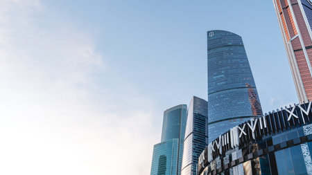 MOSCOW, RUSSIA - October 30, 2022. Horizontal banner with copy space and skyscrapers of Moscow-city International Business Center on clear blue sky background.のeditorial素材