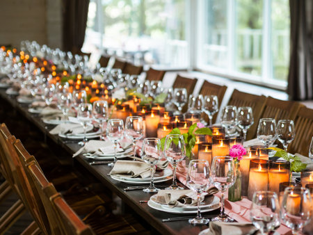 Burning candles and shiny wine glasses on table set for celebration. Banquet for wedding or other event is ready for guests.の写真素材