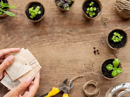 Basil seedlings in biodegradable pots. Woman holds paper bags with seeds. Top view on green plants in peat pots and agricultural tools. Copy space on wooden table.の写真素材