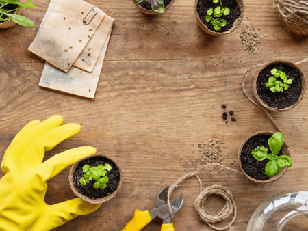 Top view on woman hand in yellow rubber glove with basil seedlings in biodegradable pots. Wooden table with copy space.の写真素材