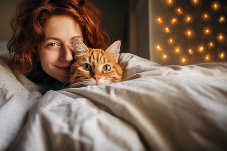 Smiling woman lies in bed with ginger cat. Portraits of pet and woman with curly red hair. Morning after winter holiday. Bedroom decorated with lanterns. Dark key photography. AI generated image.の素材