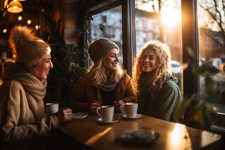 Three laughing woman sit in cafe with cups of coffee in winter season. Bright sunlight lits through restaurant window. Gathering with friends at cozy place. AI generated image.の素材