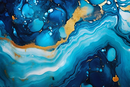 Fluid and fantasy malachite pattern is reminiscent of liquid texture of semiprecious gemstone. Deep blue background  with golden spangles. Abstract backdrop features swirls. AI generative image.の素材