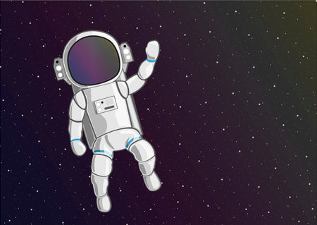 Vector graphics colored illustration of a floating astronaut in the deep space.