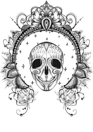 Day of death. Halloween. dot work. Illustration of a skull with a frame, ornaments, diamonds and flowers.の写真素材
