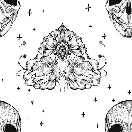 seamless pattern. black and white skull with elements around. dot work styleの写真素材