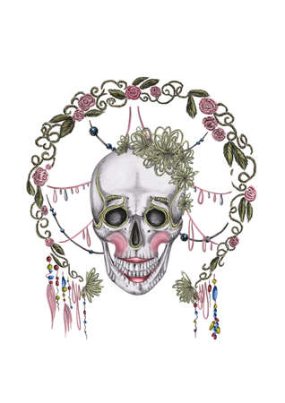 Day of death. Halloween. Illustration of a skull with makeup, round floral frame and embroidered leaves and jewelry on the white background.の写真素材