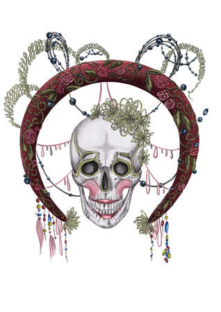 Day of death. Halloween. Illustration of a skull with makeup, round frame and embroidered leaves and flowers on the white background.の写真素材