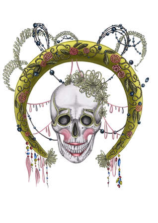 Day of death. Halloween. Illustration of a skull with makeup, yellow round frame and embroidered leaves and flowers on the white background.の写真素材