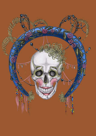 Day of death. Halloween. Illustration of a skull with makeup, blue round frame and embroidered leaves and flowers on the brown background.の写真素材