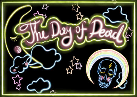 day of the dead banner with black background and fluorescent letters, skull and decorations aroundの写真素材