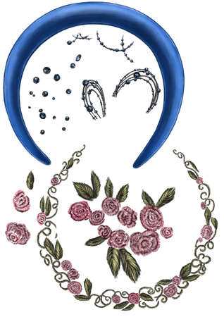 a set of details with round frames with flowers, leaves, jewelry details and embroideriesの写真素材