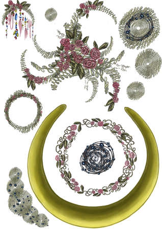 a set of details with round frames with flowers, leaves, jewelry details and embroideriesの写真素材