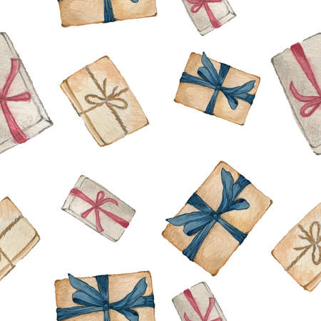Seamless pattern. Christmas mood. Hand drawn water color illustration. Gift boxes wrapped in red, brown and blue ribbons on the white background.の写真素材