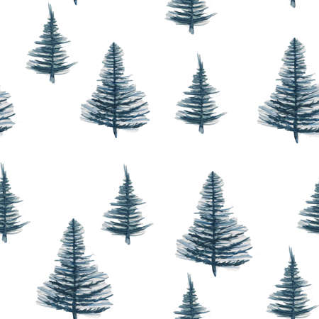 Seamless pattern. Christmas mood. Hand drawn water color illustration. Blue spruces on the white background.の写真素材