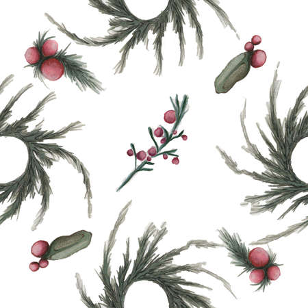 Seamless pattern. Christmas mood. Hand drawn water color illustration. Pine branches and red berries on the white background.の写真素材