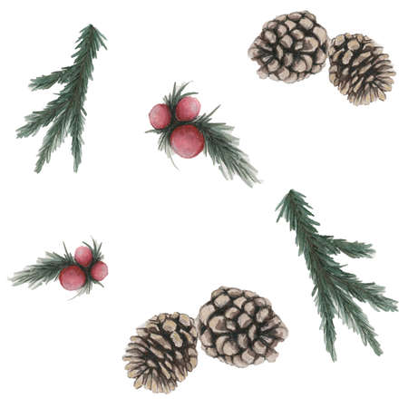 Seamless pattern. Christmas mood. Hand drawn water color illustration. pine branches, red berries, and pine cones on the white background.の写真素材