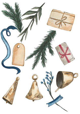 Christmas mood. Hand drawn water color illustration. A set of objects in Chrismas theme. Gifts, bells, branches and blue ribbon onthe white background.の写真素材